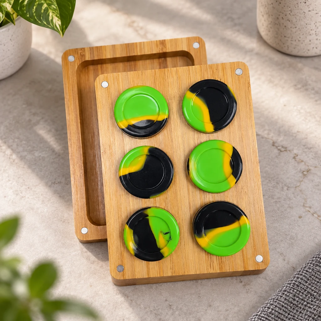 Estuche de bambú abierto con seis contenedores redondos en verde, negro y amarillo, distribuidos en dos columnas.