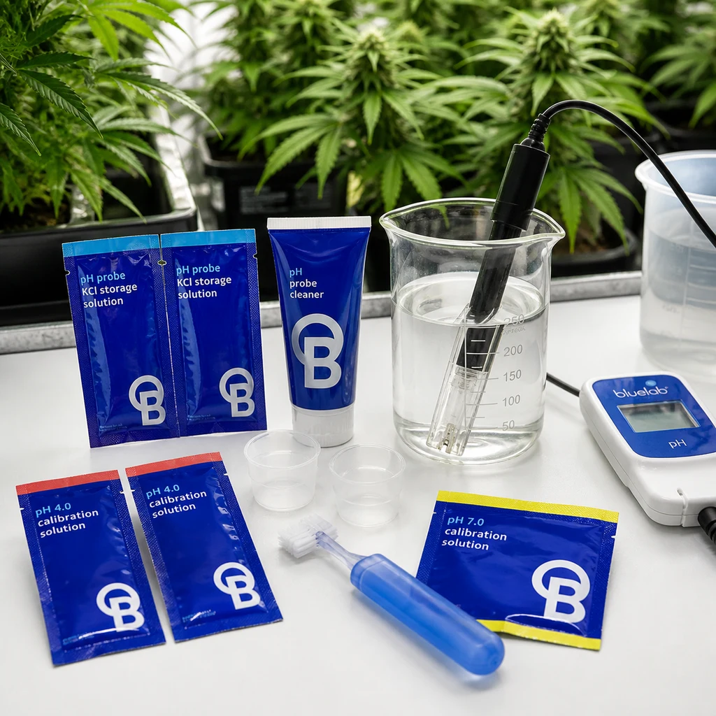 Kit Bluelab con sobres de calibración pH 4 y 7, solución KCl, limpiador y cepillo, junto a una sonda sumergida y un medidor.