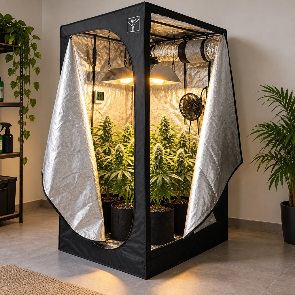 Armario de cultivo negro abierto con interior reflectante, plantas en macetas, lámparas encendidas, ventilador y conducto de extracción.