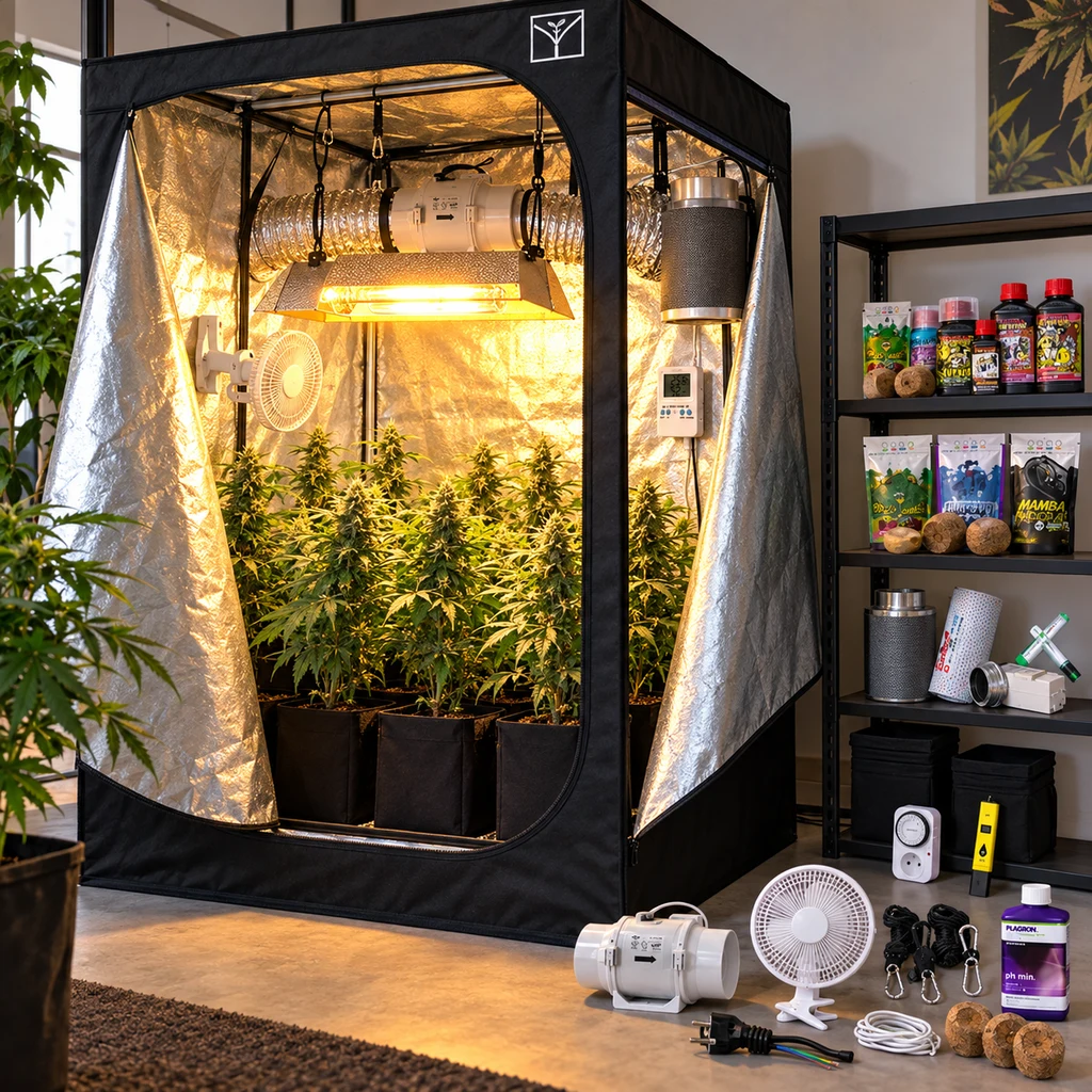 Armario de cultivo abierto con plantas, lámpara, ventilación y paredes reflectantes, junto a una estantería y accesorios en el suelo.