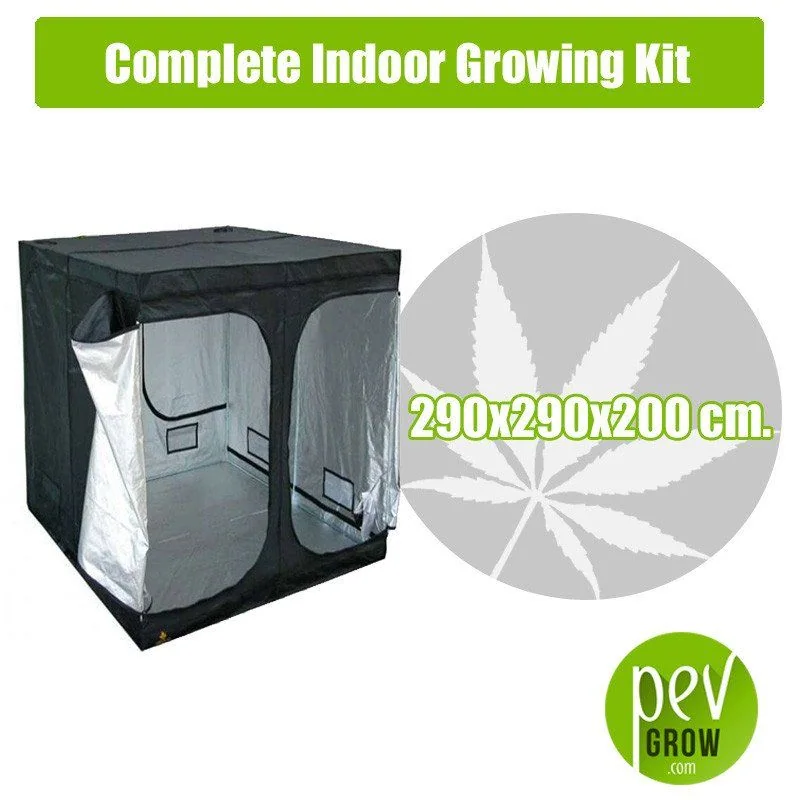Armario de cultivo negro con puertas abiertas e interior plateado, anunciado como kit completo de 290 × 290 × 200 cm.