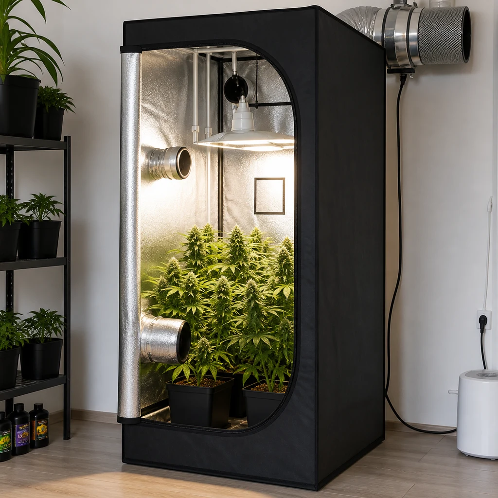 Escena generada de un armario de cultivo abierto con plantas en macetas, interior reflectante, lámpara encendida y conductos de ventilación.