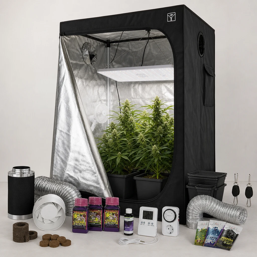 Escena generada de un armario de cultivo abierto con plantas, panel LED y ventilador, rodeado de conductos, macetas y accesorios.