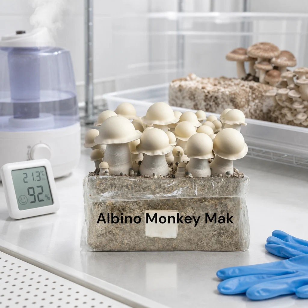 Bloque de cultivo rotulado «Albino Monkey Mak» con setas blancas, junto a un humidificador, un medidor digital y guantes azules.