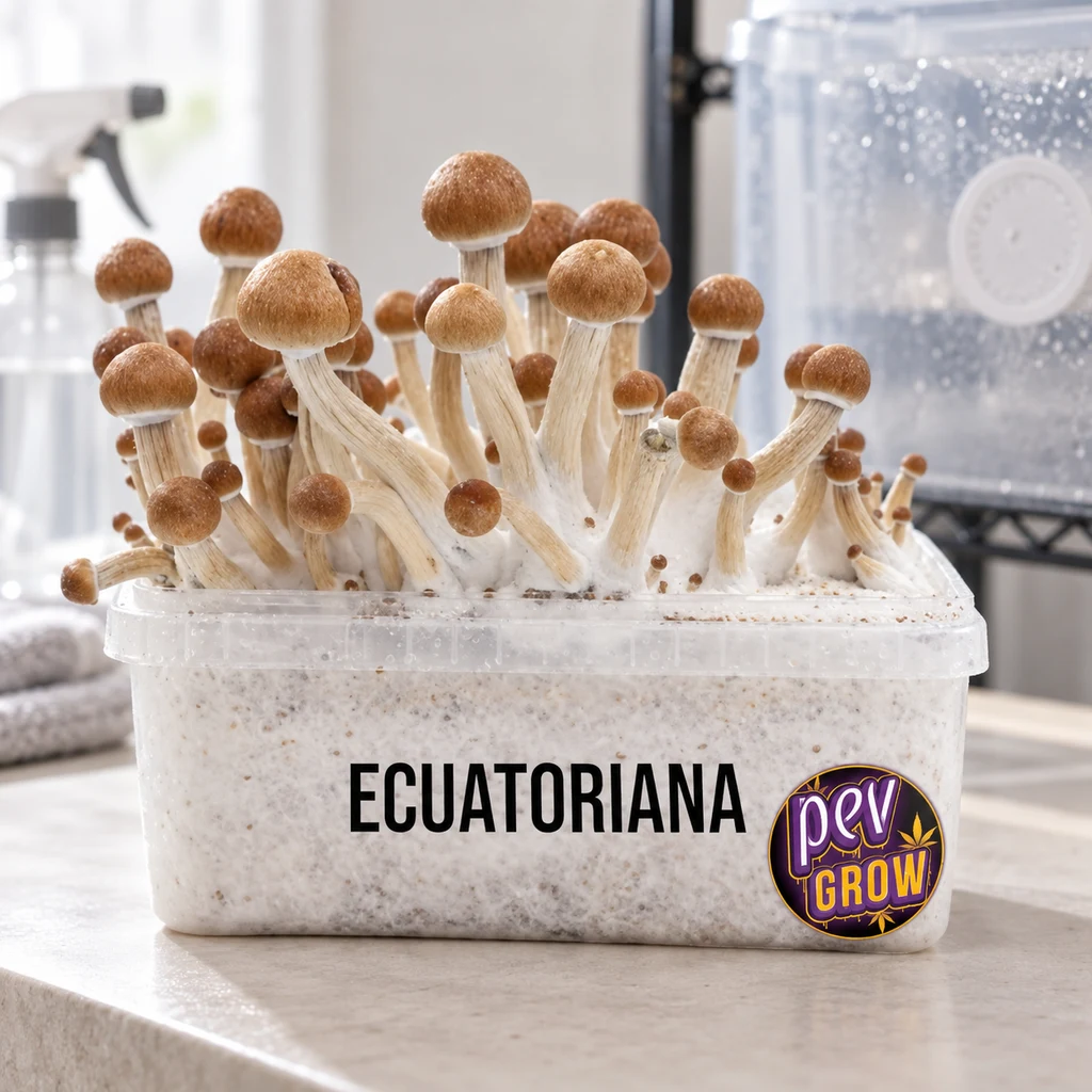 Escena generada de setas con sombreros marrones y tallos claros en una cubeta rotulada ECUATORIANA, con logotipo Pev Grow.