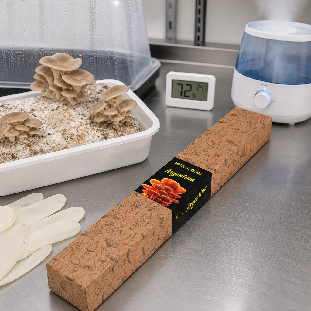 Caja alargada con etiqueta «Micelio líquido Argentina» junto a una bandeja con setas, guantes, medidor digital y humidificador.