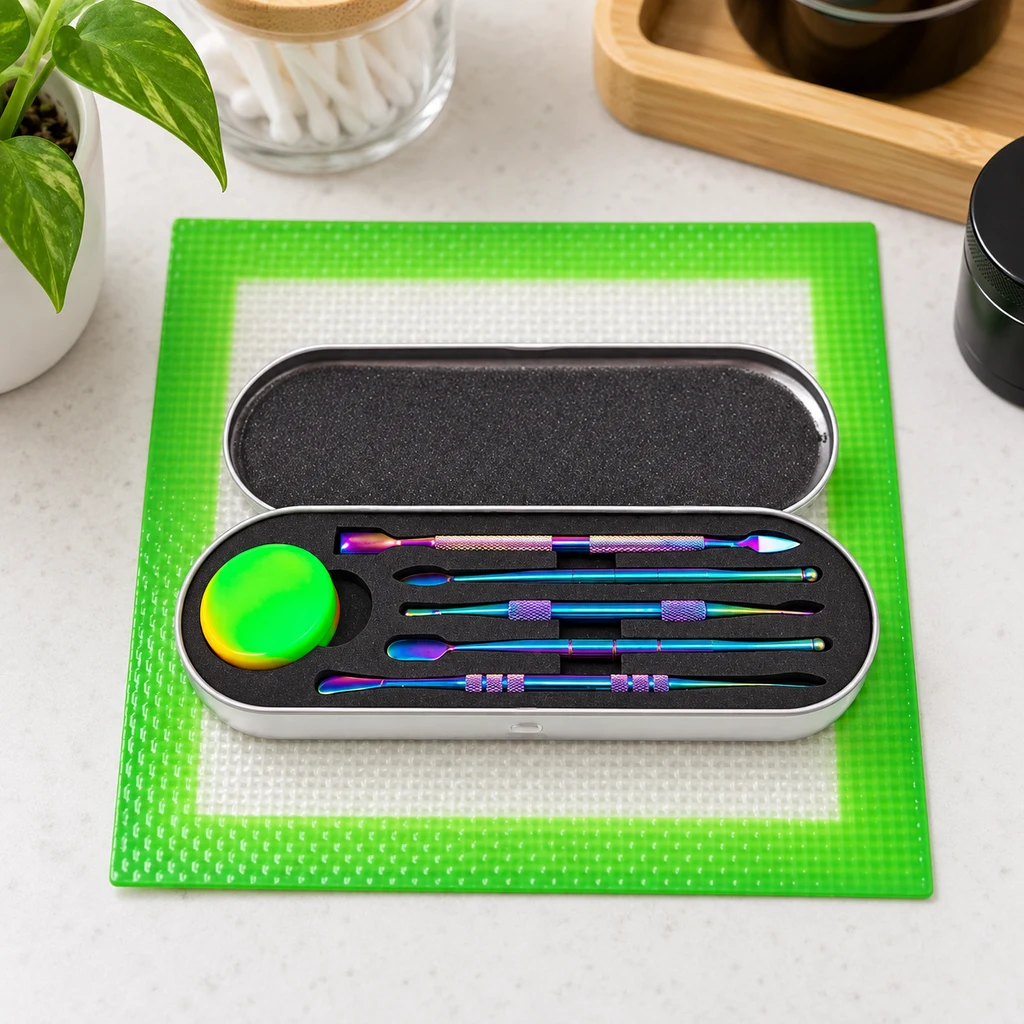 Escena generada de dabbers de acabado arcoíris en un estuche abierto, con recipiente verde sobre una estera de borde verde.
