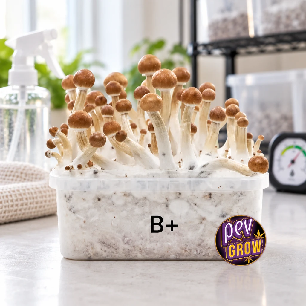 Pan de setas B+ en recipiente rectangular, con numerosos tallos blancos y sombreros marrones, junto a un pulverizador.