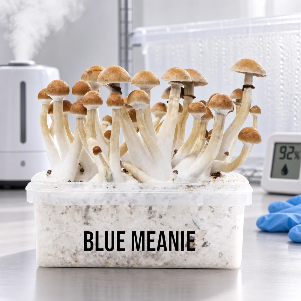 Recipiente rotulado «BLUE MEANIE» con un grupo de setas de tallos claros y sombreros dorados, junto a un humidificador y un medidor digital.