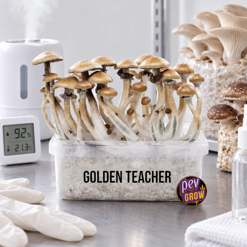 Escena generada del kit Golden Teacher con setas en una cubeta rotulada, sobre una mesa junto a guantes, un medidor y un humidificador.