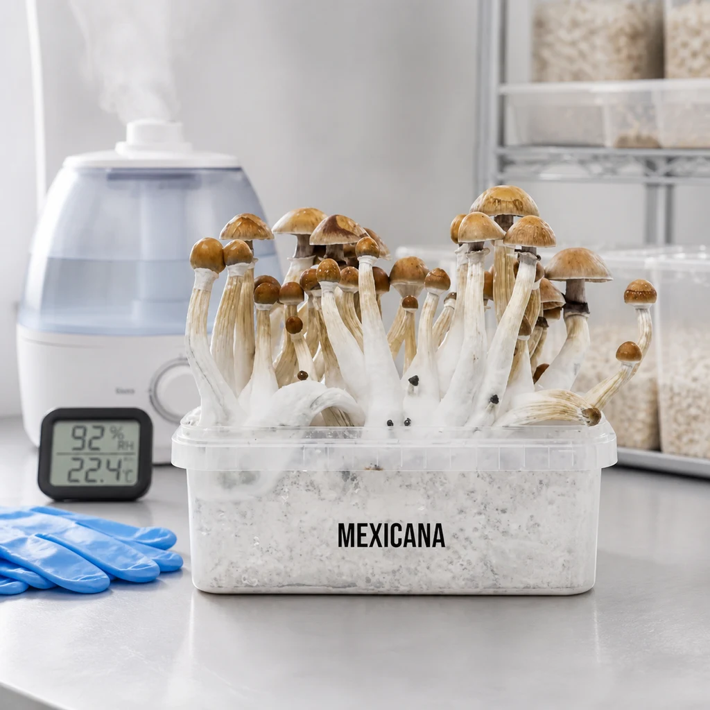 Escena generada de setas con tallos blancos y sombreros marrones en un recipiente rotulado «MEXICANA», junto a humidificador, medidor y guantes.