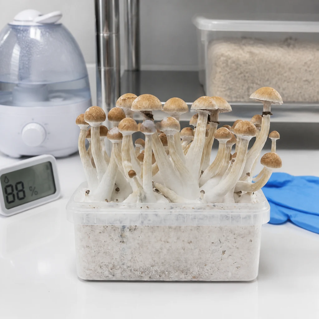 Escena generada de un kit de hongos en recipiente transparente, con sombreros beige, junto a un humidificador, un higrómetro y guantes azules.