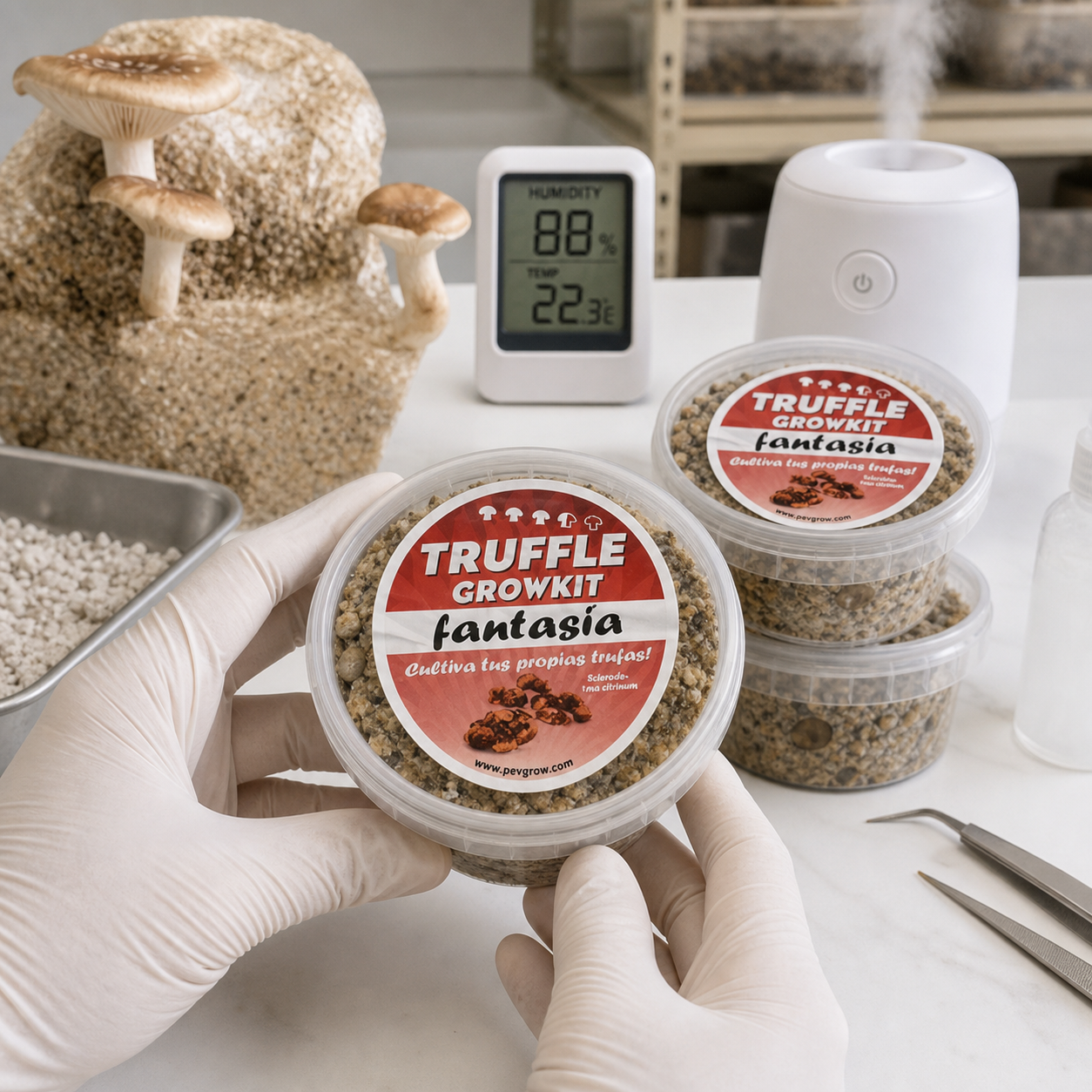 Manos con guantes sostienen un recipiente Truffle Growkit Fantasia junto a otros envases, setas, un medidor de humedad y un humidificador.