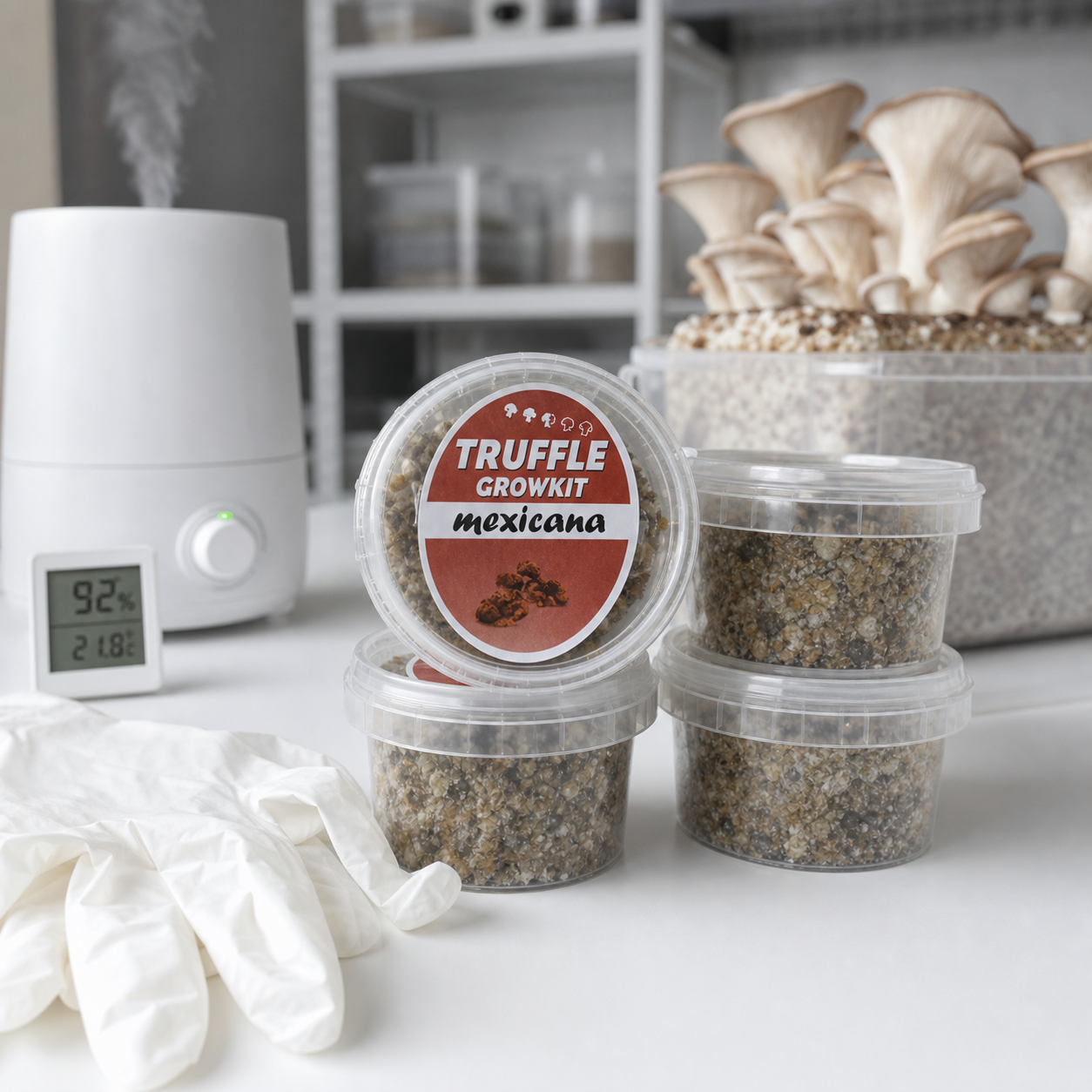 Recipientes transparentes con sustrato y etiqueta Truffle Growkit mexicana, junto a guantes, un humidificador y setas al fondo.