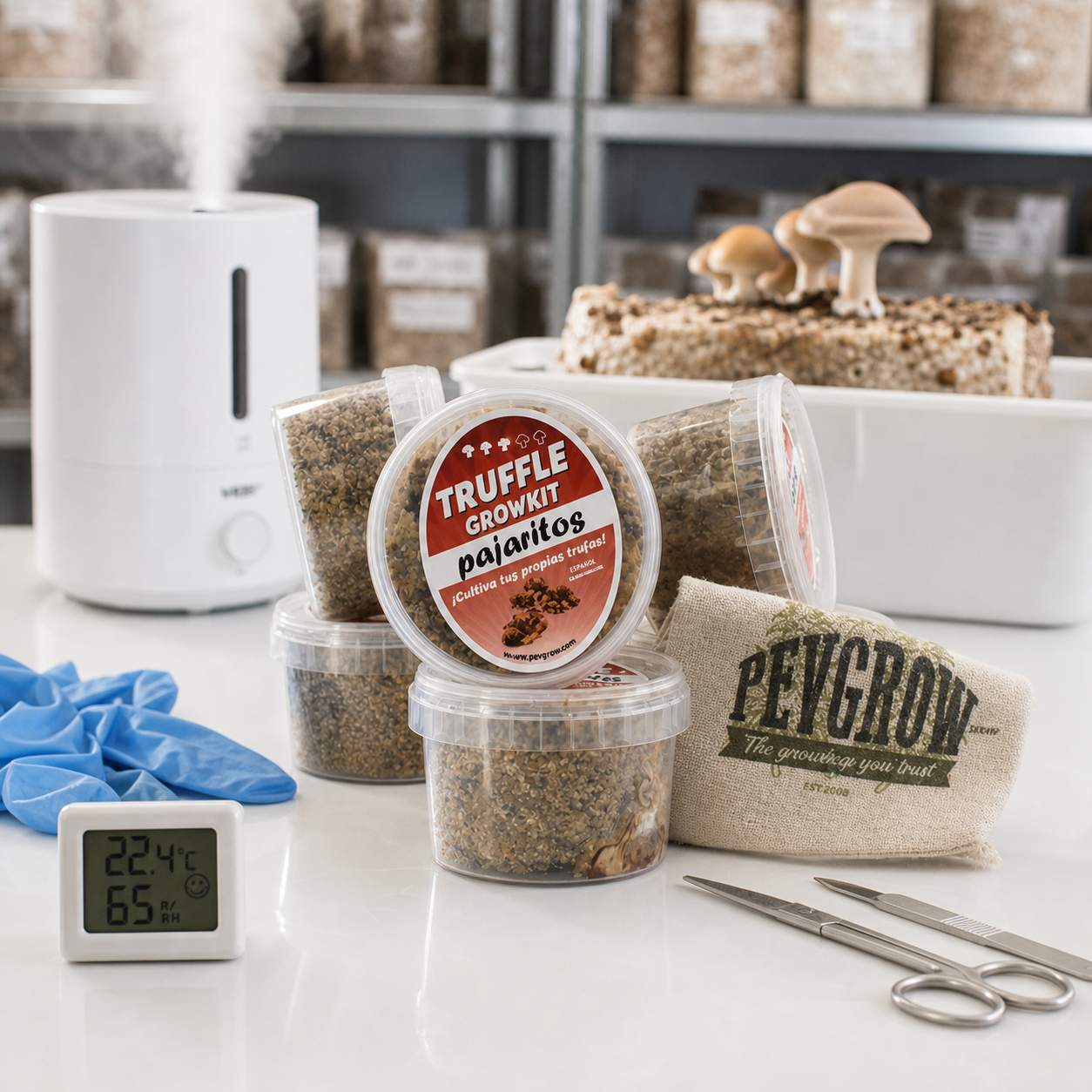 Kit de cultivo de trufas Pajaritos con recipientes de sustrato, humidificador, termohigrómetro, guantes y utensilios sobre una mesa.