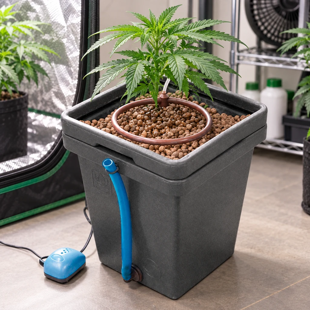 Escena generada del Euro WaterFarm V3 con planta de cannabis, bolas de arcilla, aro de riego y tubo azul en un depósito cuadrado.