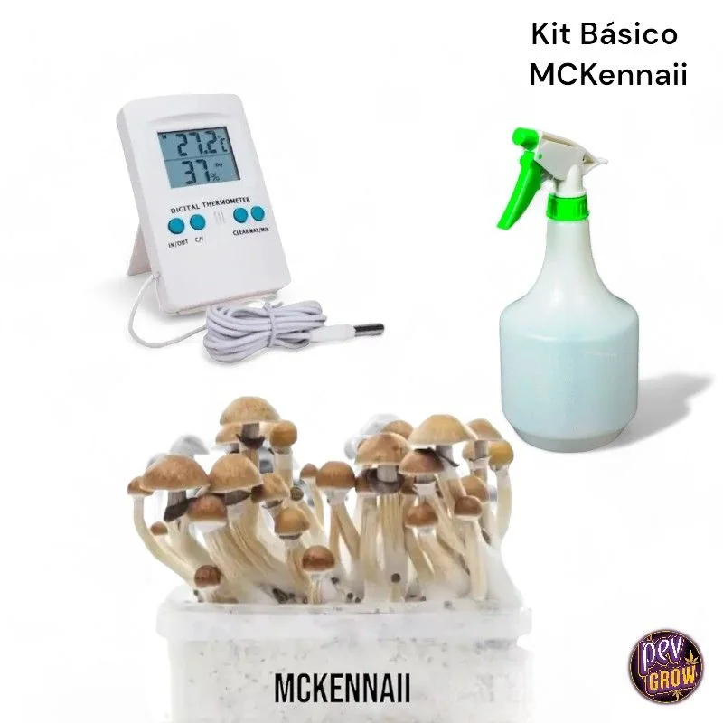 Kit básico McKennaii con setas en una bandeja, termohigrómetro digital con sonda y pulverizador de gatillo verde sobre fondo blanco.