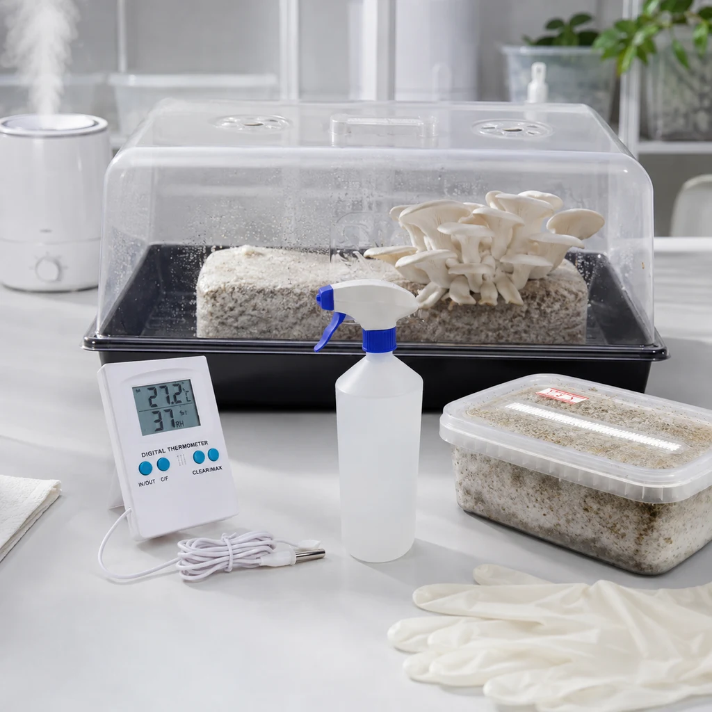Kit de cultivo de setas con cubierta transparente, setas sobre sustrato, pulverizador, termómetro digital, recipiente y guantes.