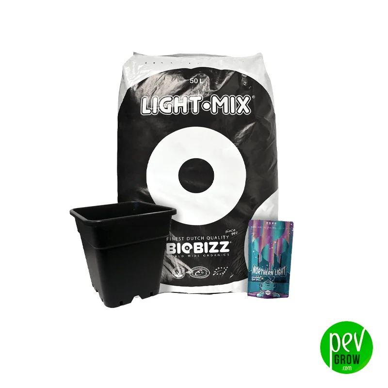 Kit de cultivo con saco BioBizz Light-Mix de 50 L, maceta negra cuadrada y envase Northern Light sobre fondo blanco.