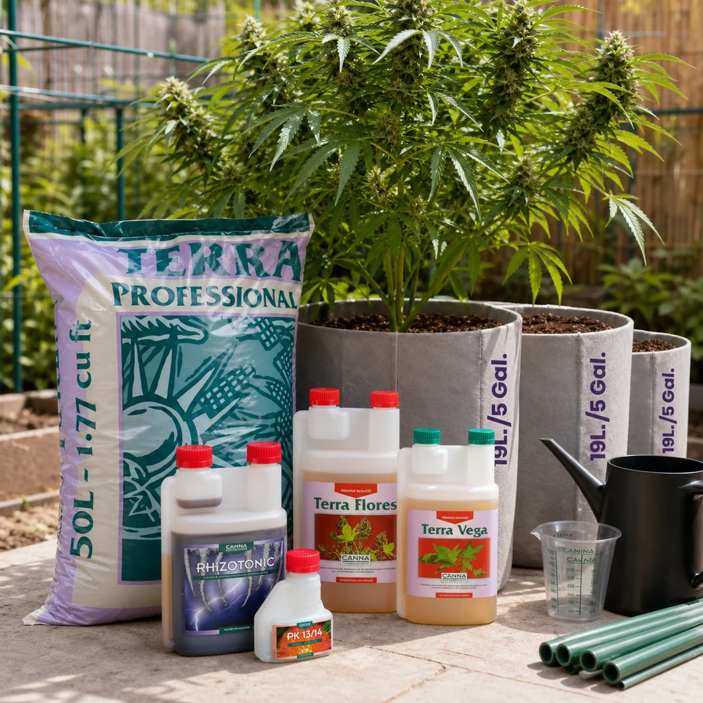 Kit de cultivo Canna con saco Terra Professional, botes de nutrientes, macetas con plantas, regadera, vaso medidor y tutores. Kit de cultivo Canna con saco Terra Professional, botes de nutrientes, macetas con plantas, regadera, vaso medidor y tutores.