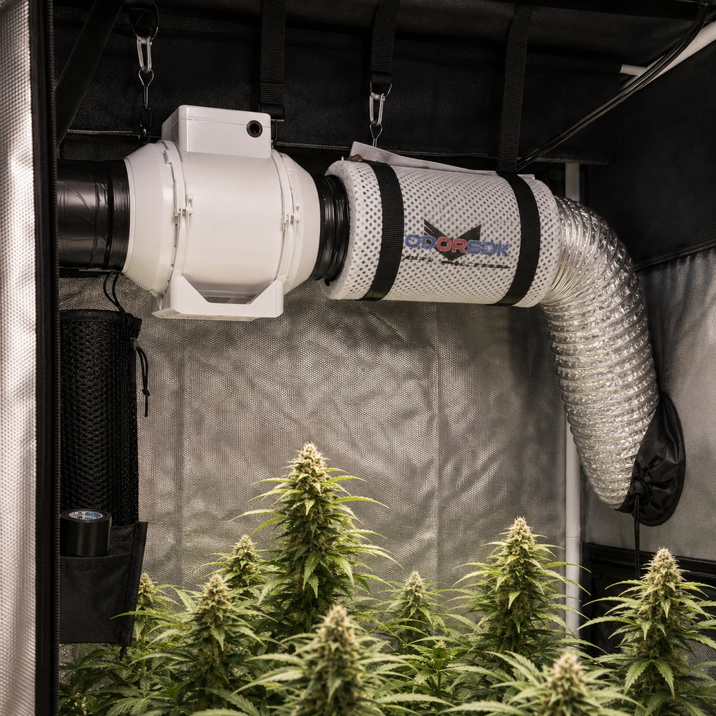 Kit de extracción TT con extractor blanco, filtro cilíndrico y conducto flexible plateado, suspendido sobre plantas en un armario de cultivo.