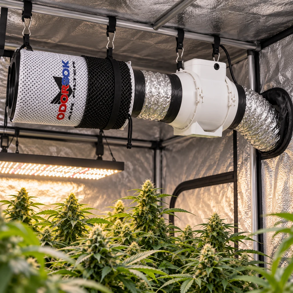 Escena generada de un armario de cultivo con filtro cilíndrico, extractor blanco y conductos plateados suspendidos sobre plantas bajo una luminaria.