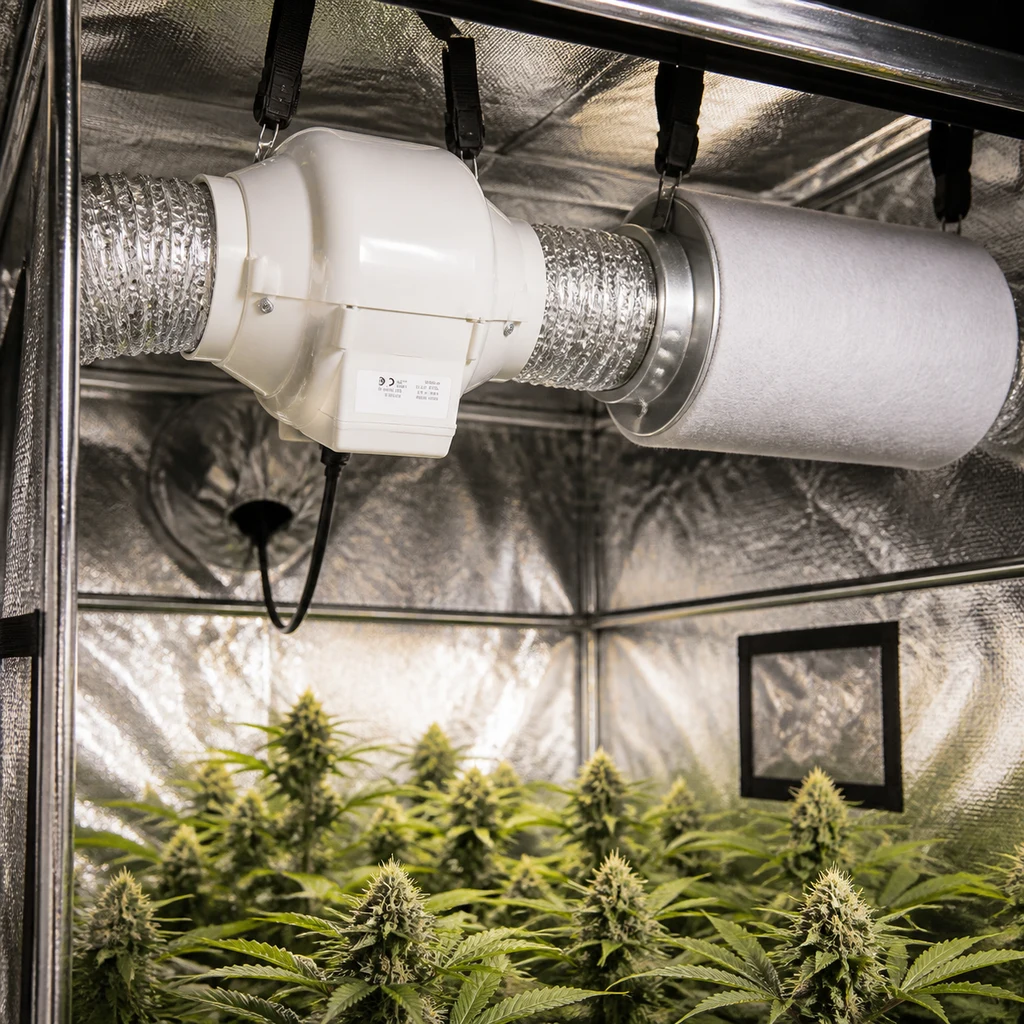 Extractor blanco conectado mediante conductos plateados a un filtro cilíndrico, suspendidos sobre plantas en un armario de cultivo.