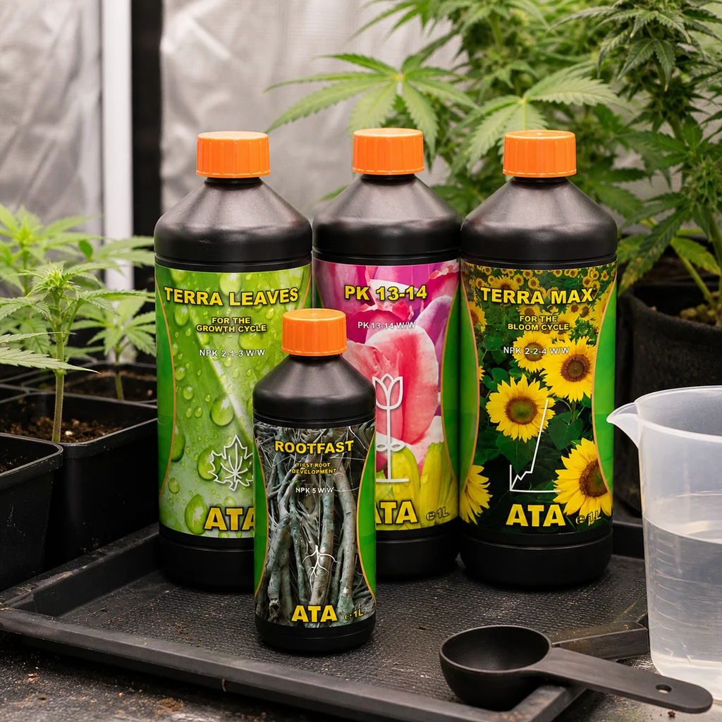 Botes Atami Terra Leaves, PK 13-14, Terra Max y Rootfast con tapones naranjas, junto a plantas en macetas y una jarra medidora.