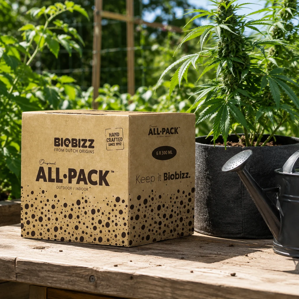 Caja BioBizz All-Pack sobre una mesa de madera en un jardín, junto a una planta de cannabis en maceta y una regadera. Caja BioBizz All-Pack sobre una mesa de madera en un jardín, junto a una planta de cannabis en maceta y una regadera.