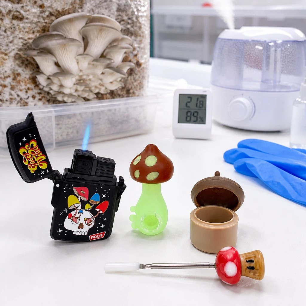 Kit para Fumar Setas con mechero encendido, accesorios con forma de seta y recipiente abierto; detrás, cultivo de setas, humidificador y guantes.