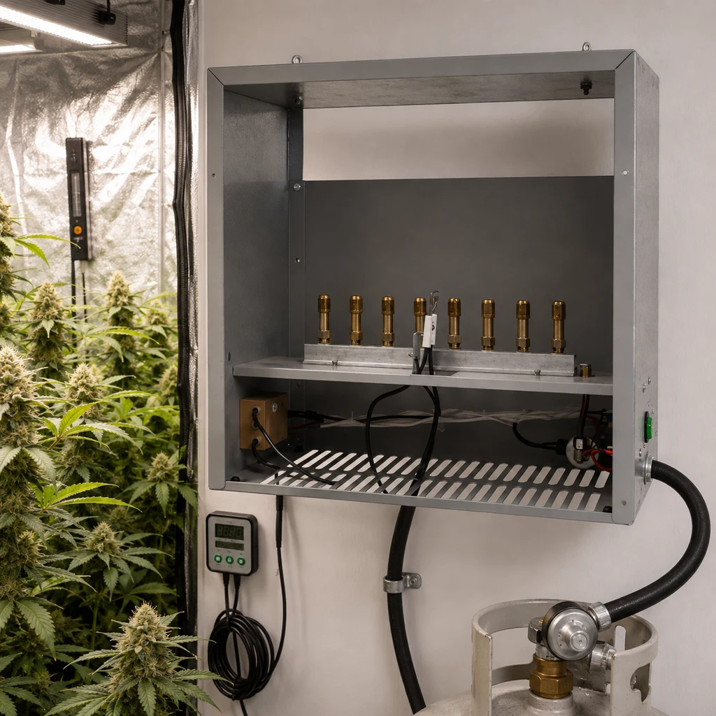 Generador de CO2 Pro-Leaf abierto, con quemadores visibles, controlador y conexión a una bombona junto a plantas en un cultivo interior.