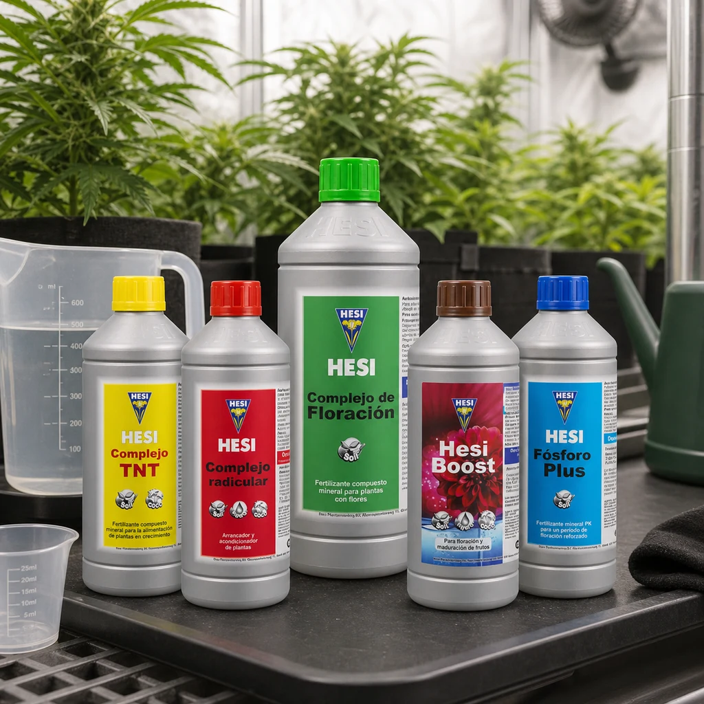 Botellas Hesi TNT, Complejo radicular, Complejo de Floración, Boost y Fósforo Plus sobre una mesa, con plantas y jarras al fondo. Botellas Hesi TNT, Complejo radicular, Complejo de Floración, Boost y Fósforo Plus sobre una mesa, con plantas y jarras al fondo.