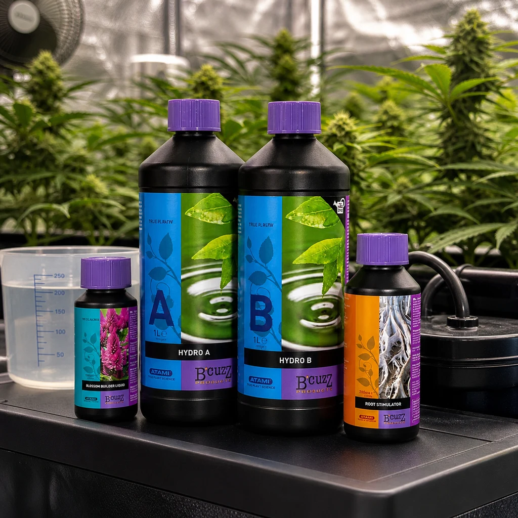 Botes Atami B’cuzz Hydro A y Hydro B junto a Blossom Builder Liquid y Root Stimulator, con plantas de cannabis al fondo.
