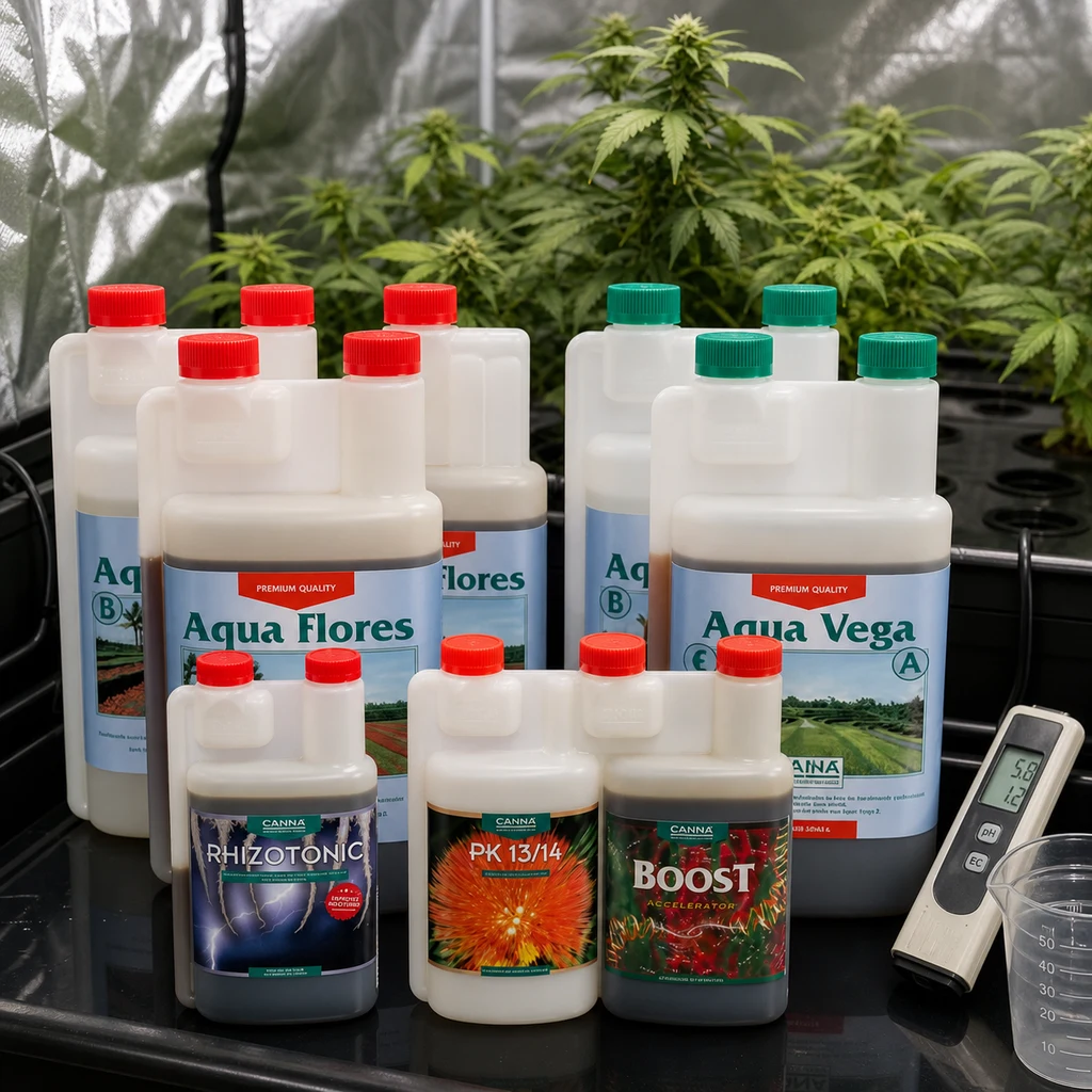 Selección de fertilizantes Canna Aqua Flores, Aqua Vega y aditivos, junto a un medidor y plantas en un armario de cultivo.