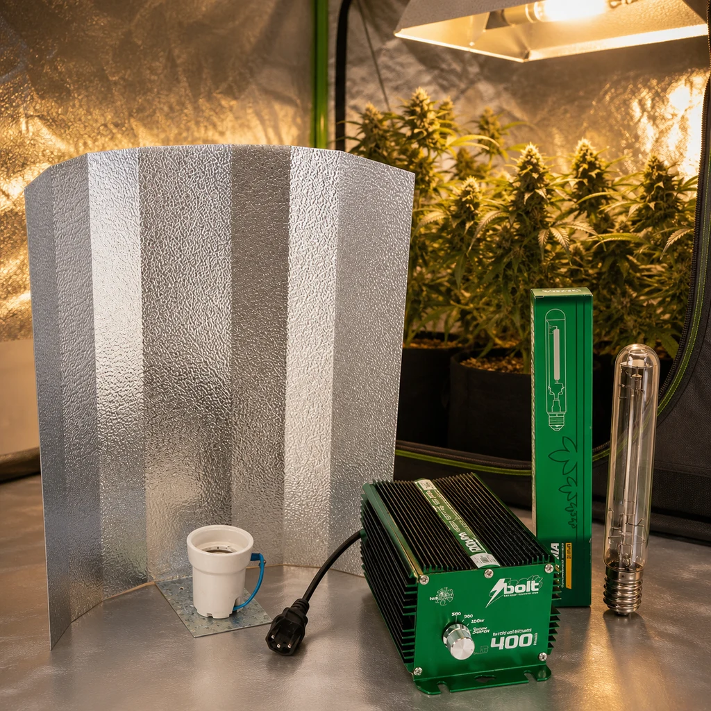 Kit de iluminación con reflector plateado, portalámparas, balastro verde y bombilla tubular frente a un armario con plantas.
