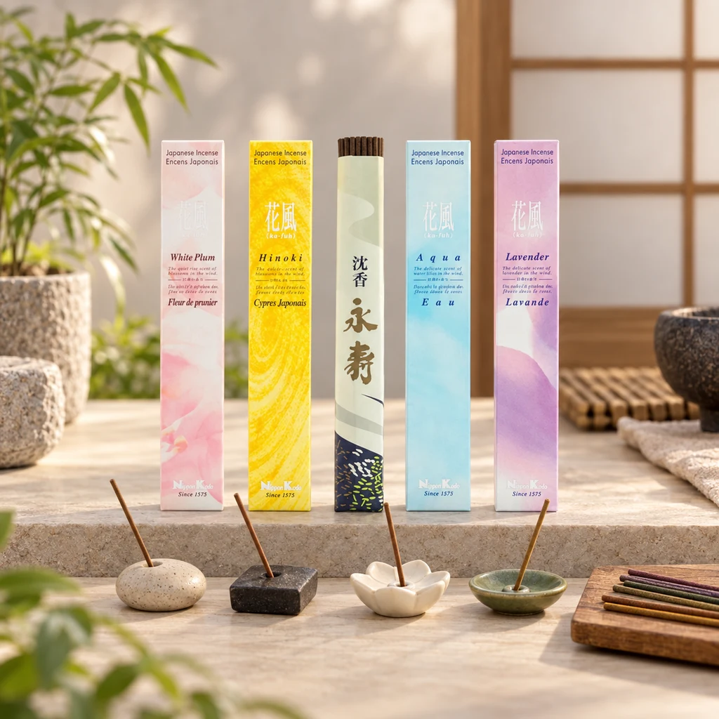 Selección de incienso con cajas White Plum, Hinoki, Aqua y Lavender, un tubo central y varillas en cuatro soportes distintos.