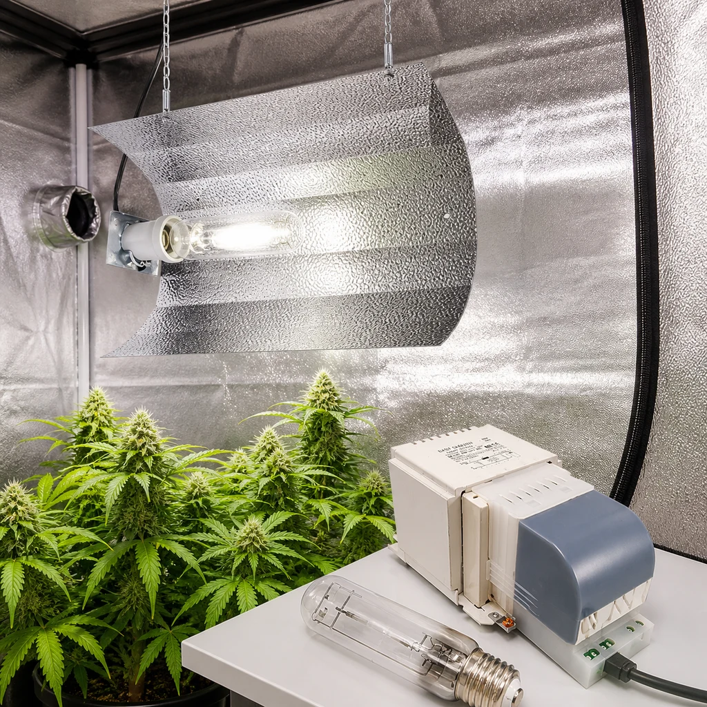 Kit LEC Vanguard 315W con reflector y lámpara encendida sobre plantas de cannabis, con balasto y bombilla aparte en primer plano.