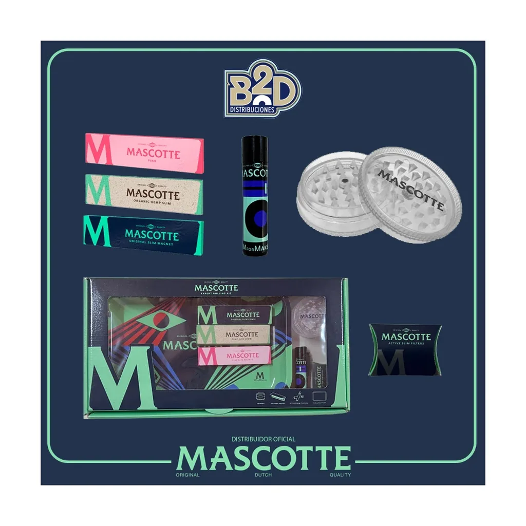 Presentación del kit Mascotte con caja de ventana, librillos de distintos colores, un tubo, un grinder transparente y un sobre de filtros.