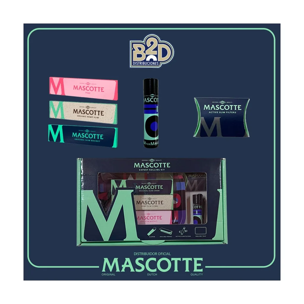 Presentación del kit Mascotte con caja de ventana, tres libritos de papel distintos, un tubo cilíndrico y un paquete de filtros.