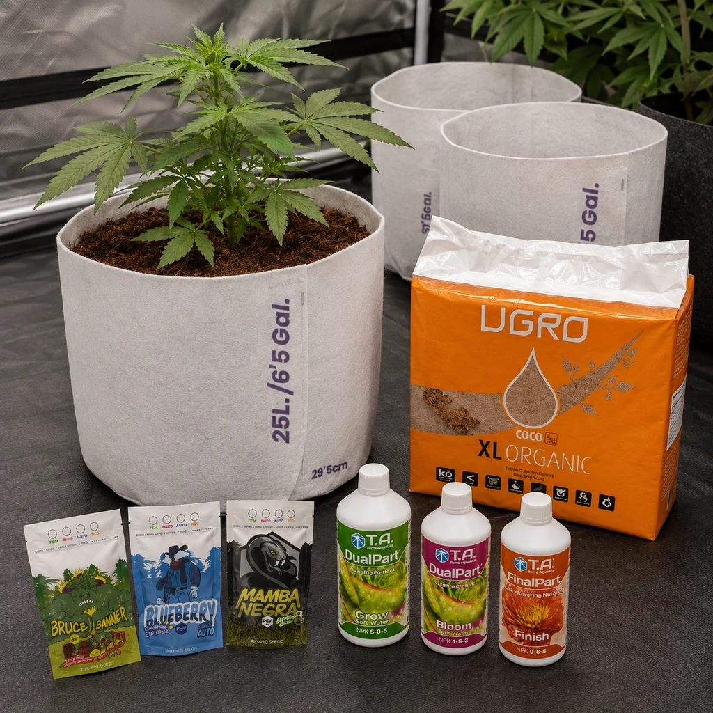 Escena generada de cultivo con planta en maceta blanca, recipientes vacíos, saco UGRO Coco y envases de abono junto a sobres de semillas.