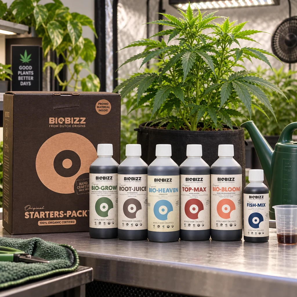 Escena generada del pack inicial Biobizz con caja y seis botes sobre una mesa, junto a una planta de cannabis y una regadera. Escena generada del pack inicial Biobizz con caja y seis botes sobre una mesa, junto a una planta de cannabis y una regadera.