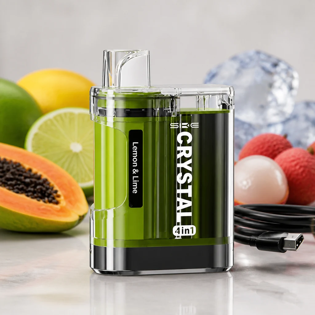 SKE Crystal 4 in 1 verde con carcasa transparente y texto Lemon & Lime, junto a un cable USB, frutas y hielo en una escena generada.