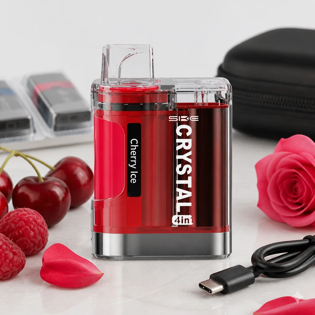 SKE Crystal 4 en 1 rojo con carcasa transparente y texto Cherry Ice, junto a cable USB-C, cerezas, frambuesas y una rosa.