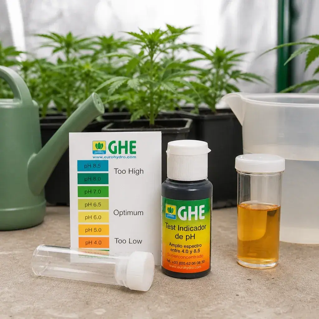 Kit de prueba de pH GHE con frasco indicador, escala de colores y tubos transparentes, uno con líquido anaranjado, junto a plantas. Kit de prueba de pH GHE con frasco indicador, escala de colores y tubos transparentes, uno con líquido anaranjado, junto a plantas.