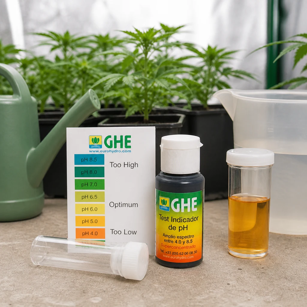 Kit de prueba de pH GHE con frasco indicador, escala de colores y tubos transparentes, uno con líquido anaranjado, junto a plantas.