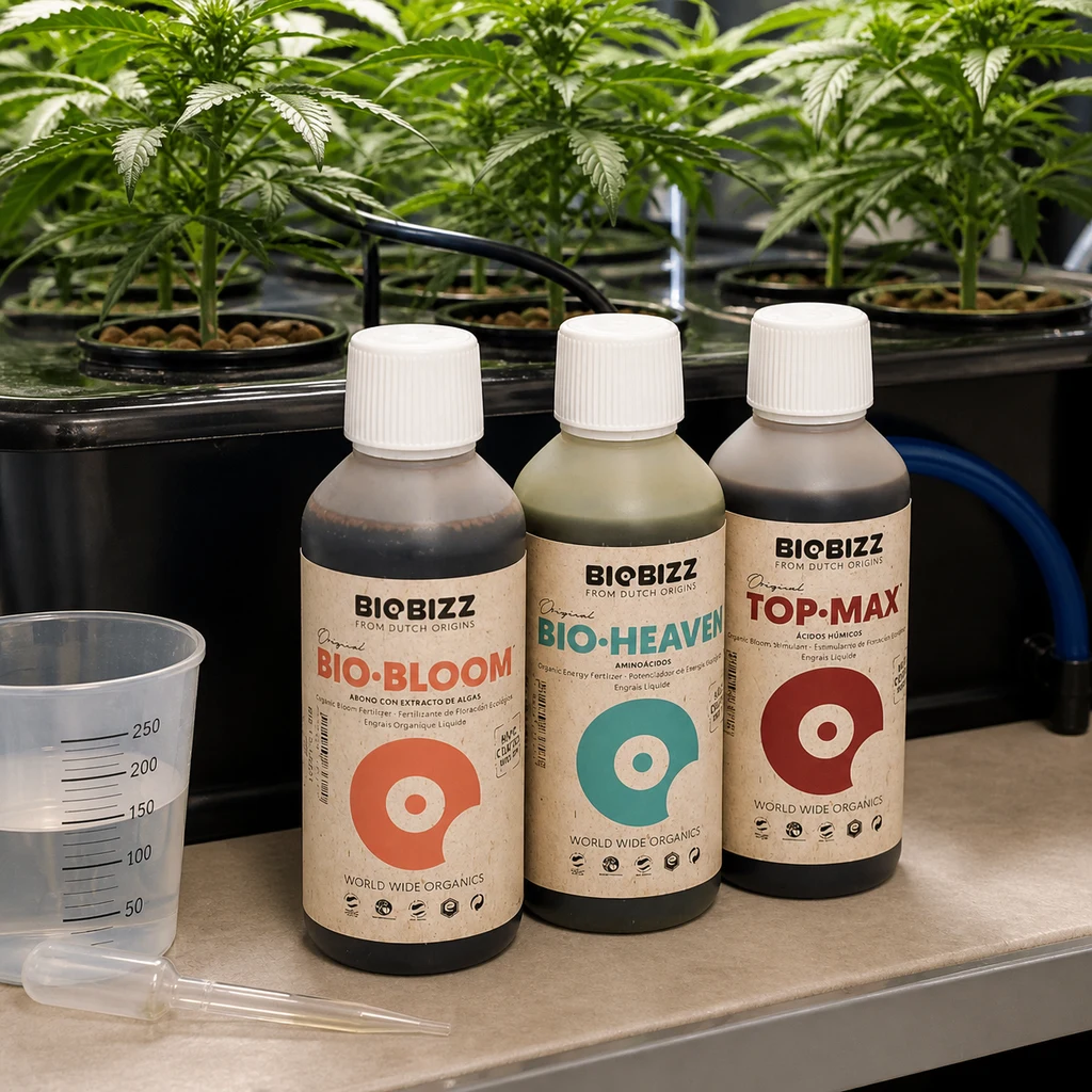 Botes BioBizz Bio-Bloom, Bio-Heaven y Top-Max junto a un vaso graduado y una pipeta, con plantas en un sistema de cultivo al fondo.