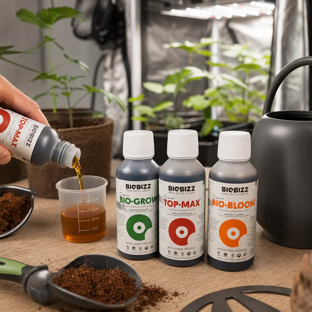 Kit BioBizz Indoor Try-Pack con Bio-Grow, Top-Max y Bio-Bloom sobre una mesa, mientras una mano vierte líquido en un vaso medidor junto a plantas.