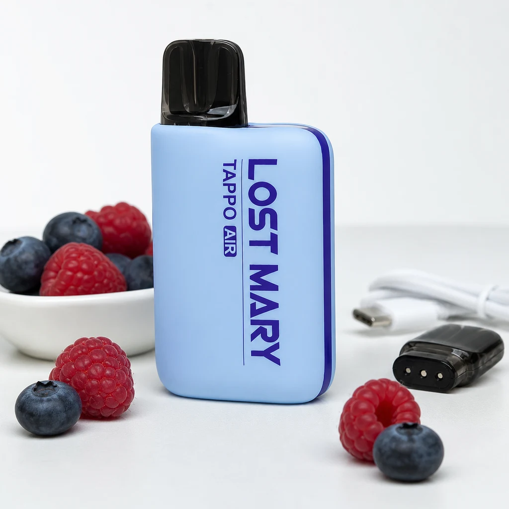 Vape Lost Mary Tappo azul con boquilla negra, junto a un cartucho, un cable blanco, arándanos y frambuesas.