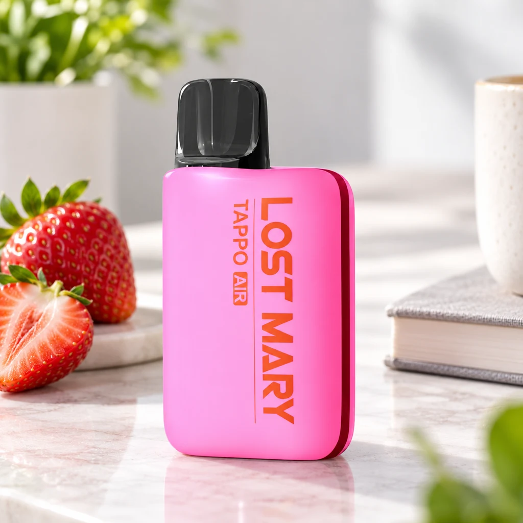 Vaporizador rosa con boquilla negra y texto naranja «LOST MARY TAPPO AIR», sobre una mesa junto a fresas y un libro.
