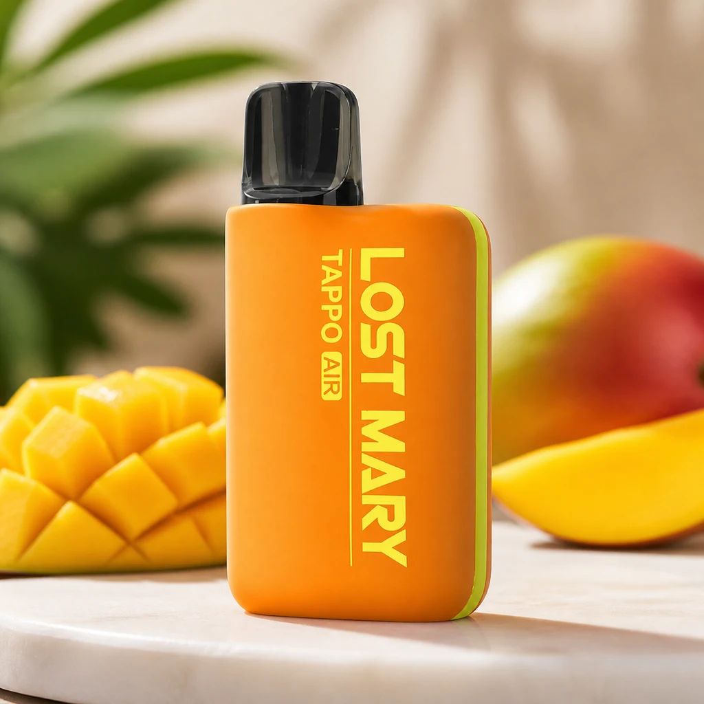 Dispositivo naranja con boquilla negra y texto «Lost Mary Tappo Air», junto a mango cortado en una escena generada.